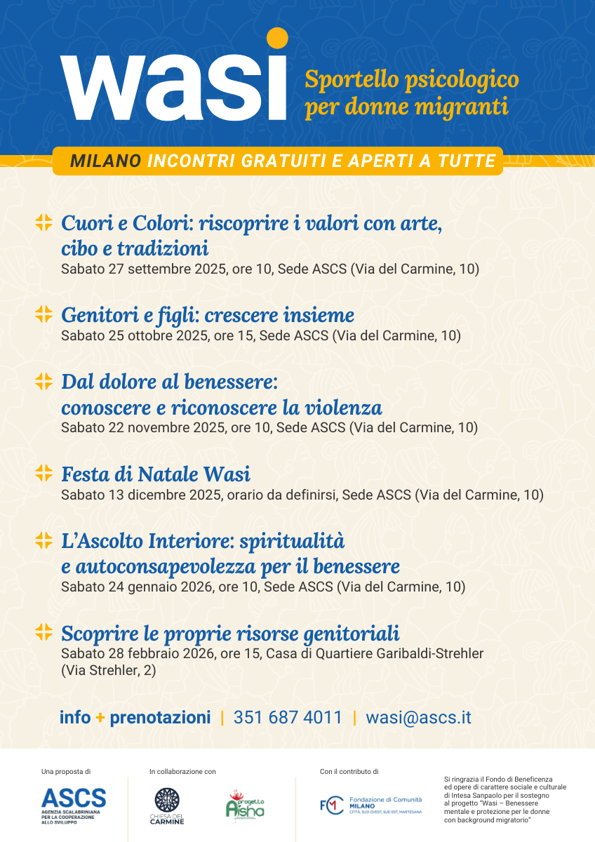 Poster of the Wasi project in Milan with the list of new meetings free and open to all migrant women.